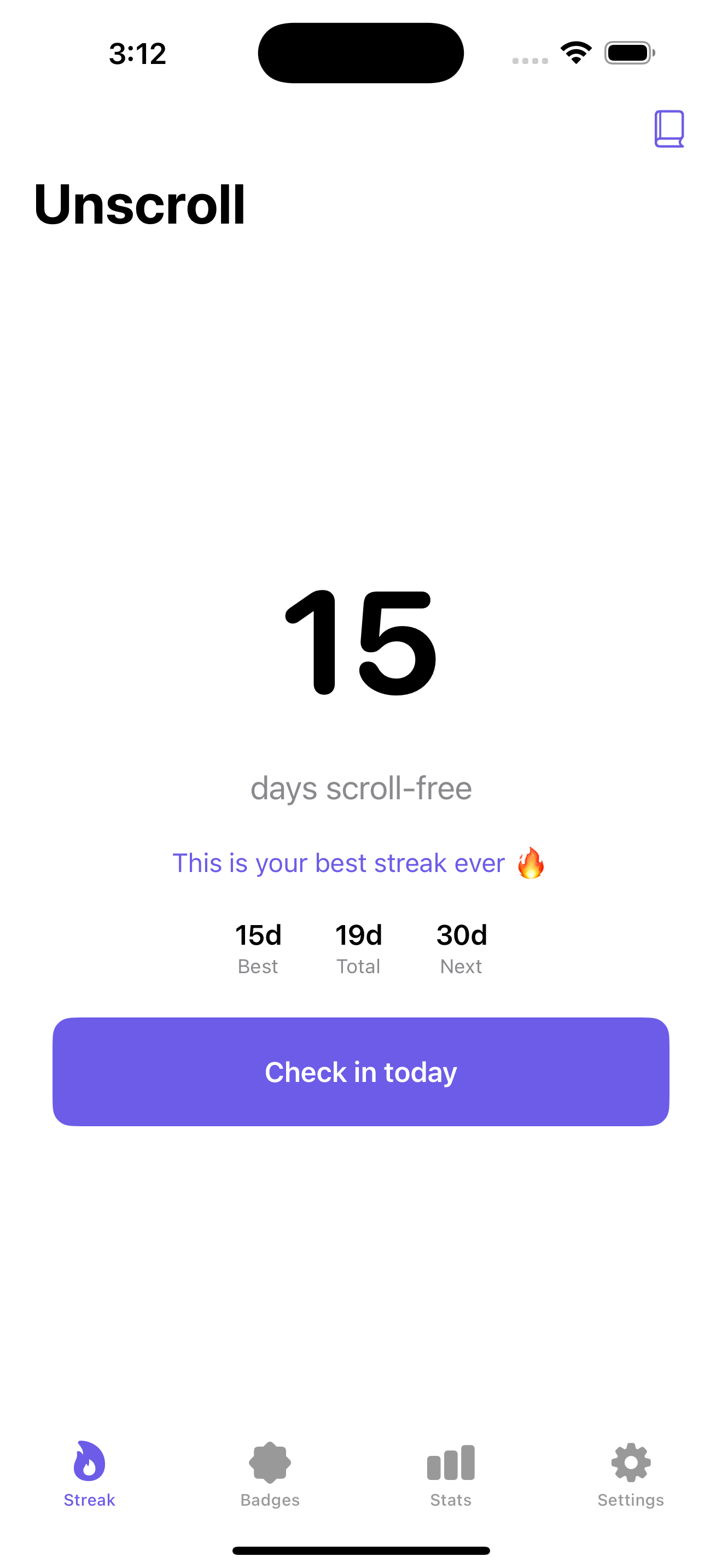 Streak screen showing days scroll-free